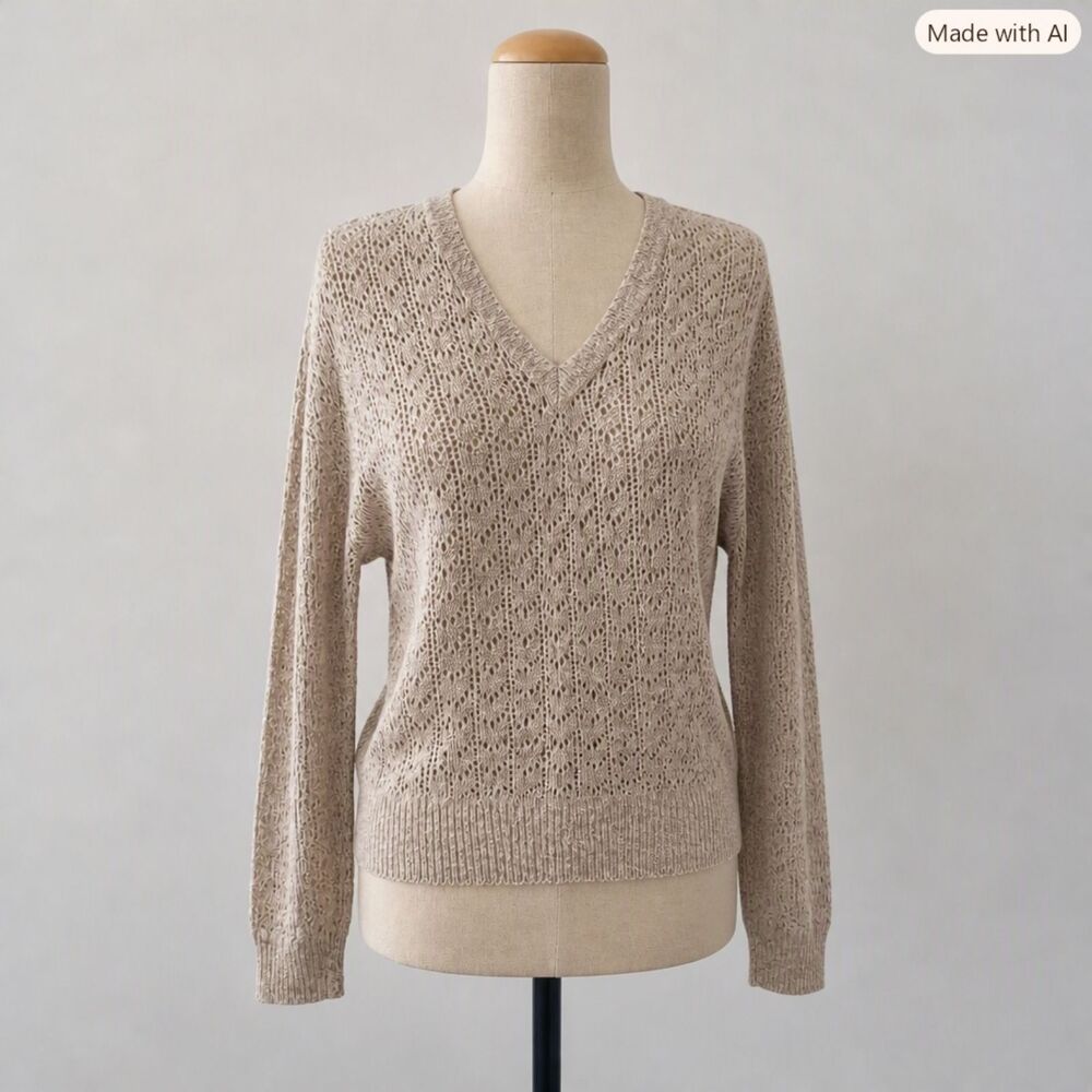 Vintage Booth Bay Women’s V‑Neck Open‑Knit Sweater in Light Taupe  Size L